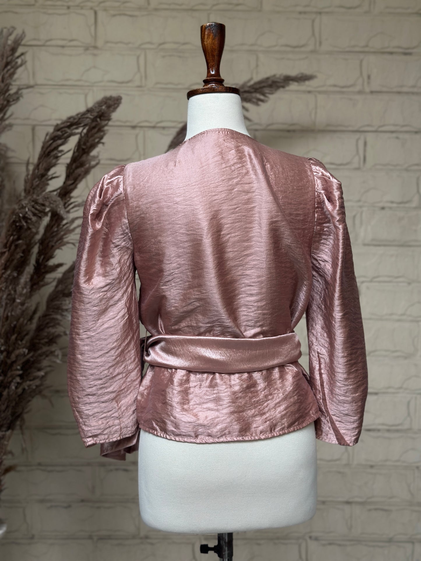Dusty Rose Shimmer Puff-Sleeve Wrap Top