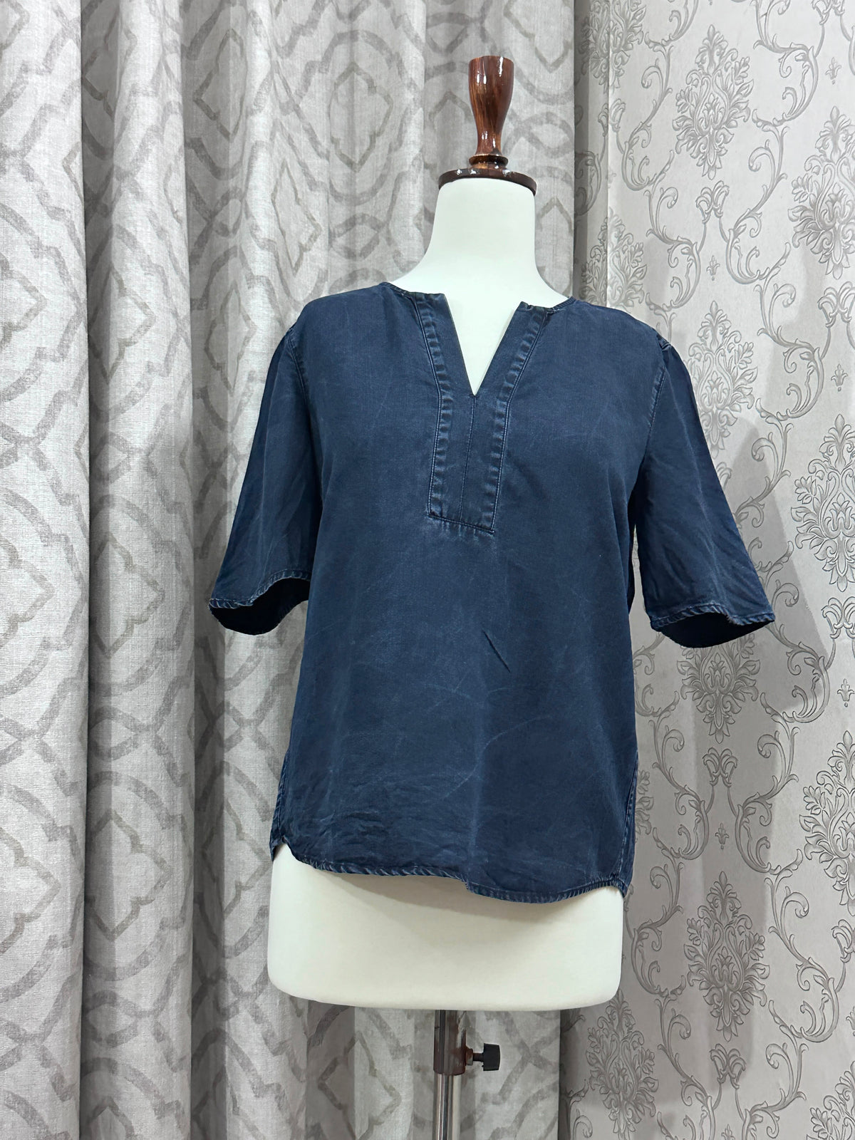 Classic Navy Blue Denim Top – Short Sleeve Notch Neck Shirt