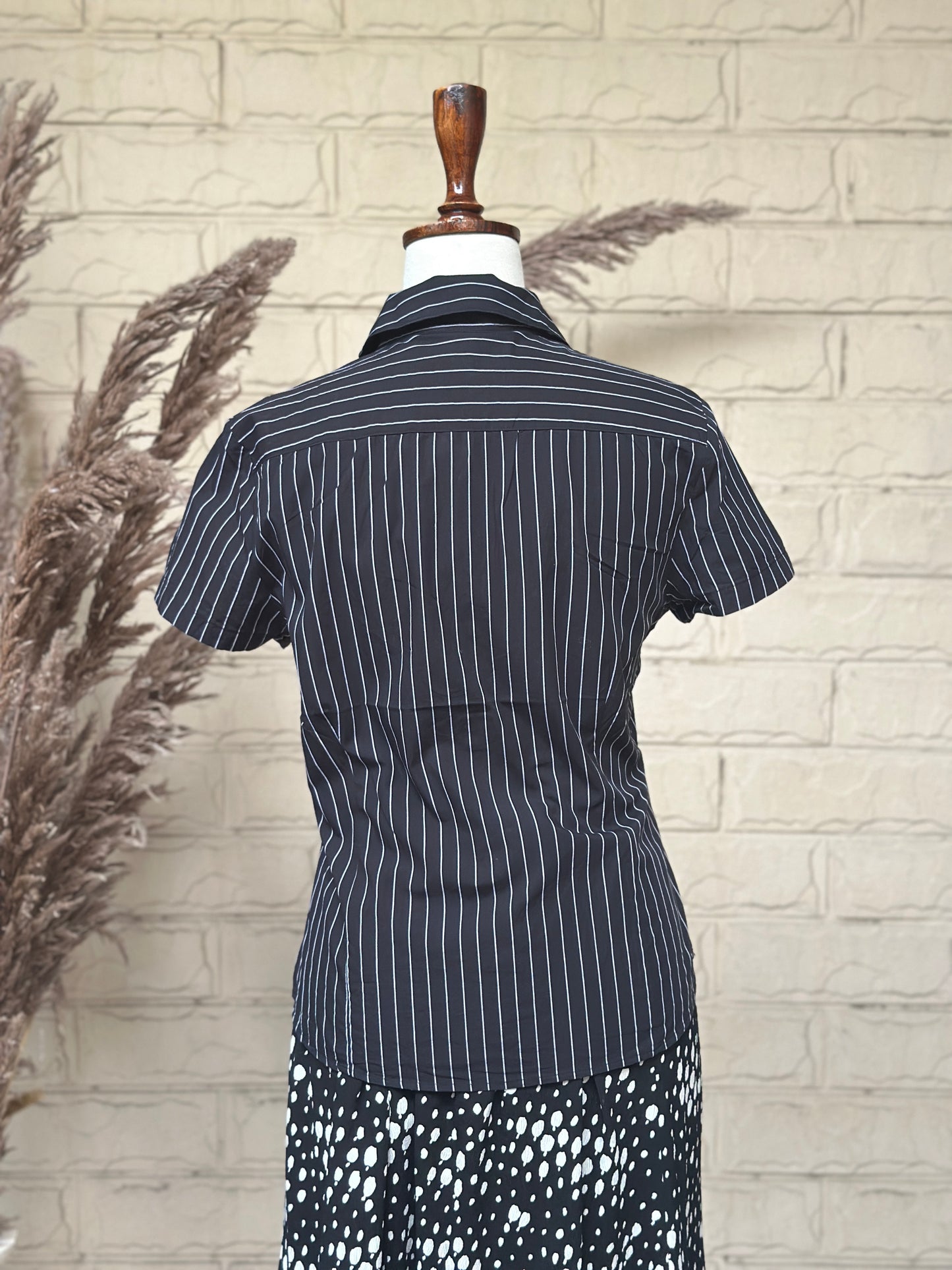 Classic Black Vertical Stripe Short-Sleeve Office Top