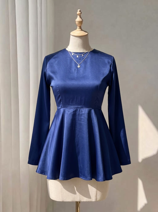 Navy Blue Satin Peplum – Fitted Long Sleeve Crew Neck Top