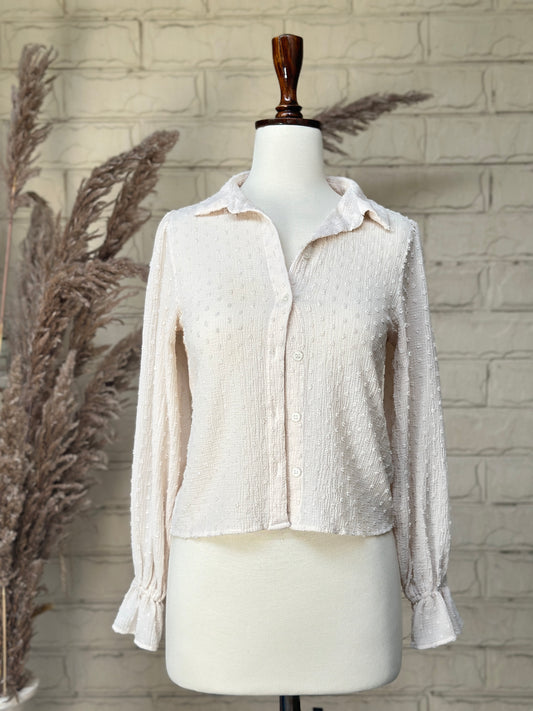 Ivory Crinkle-Gauze Long-Sleeve Shirt with Ruffled Cuffs