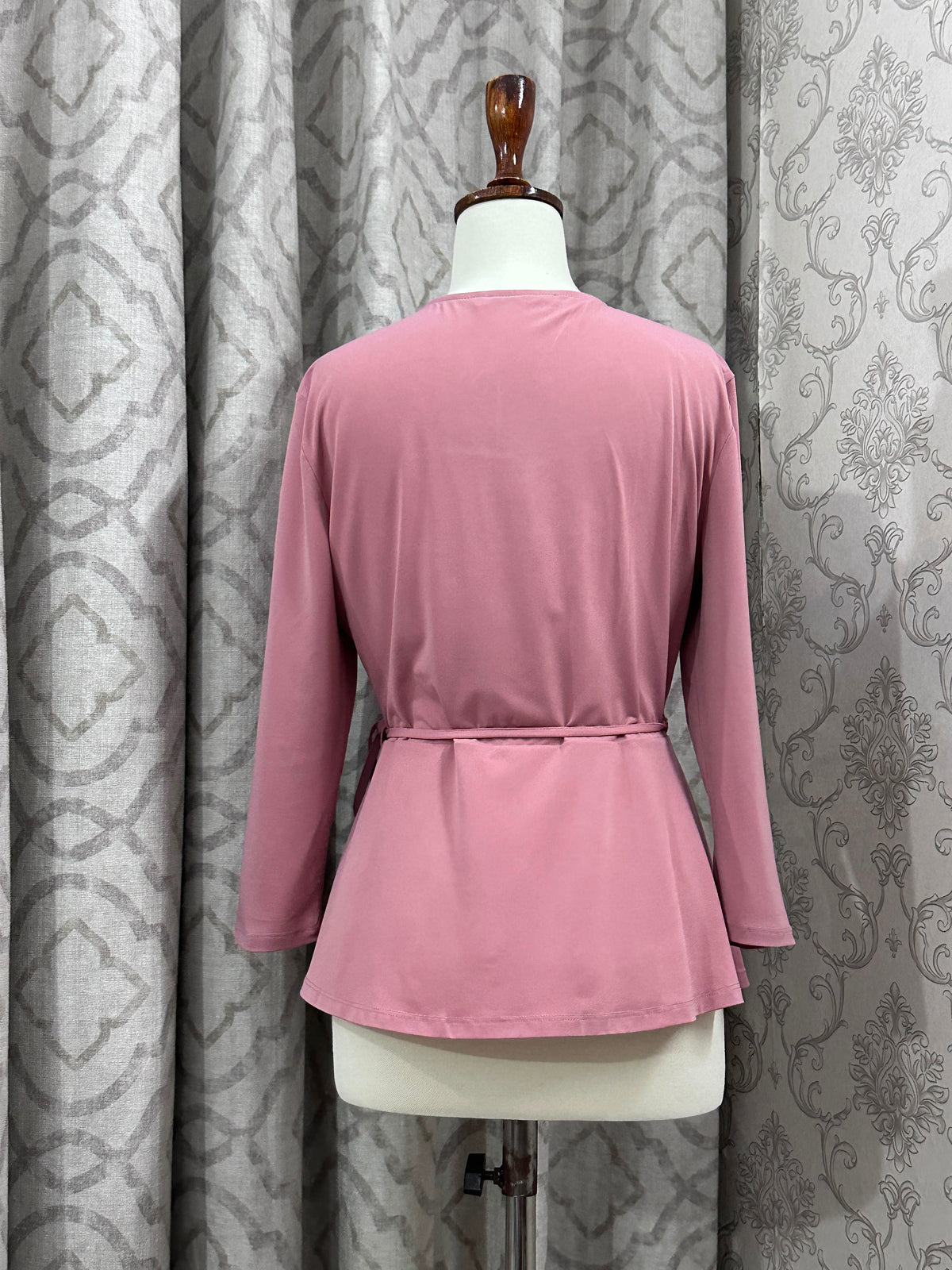 Dusty Rose Long Sleeve Wrap Blouse – Ruffle Collar Side Tie Top