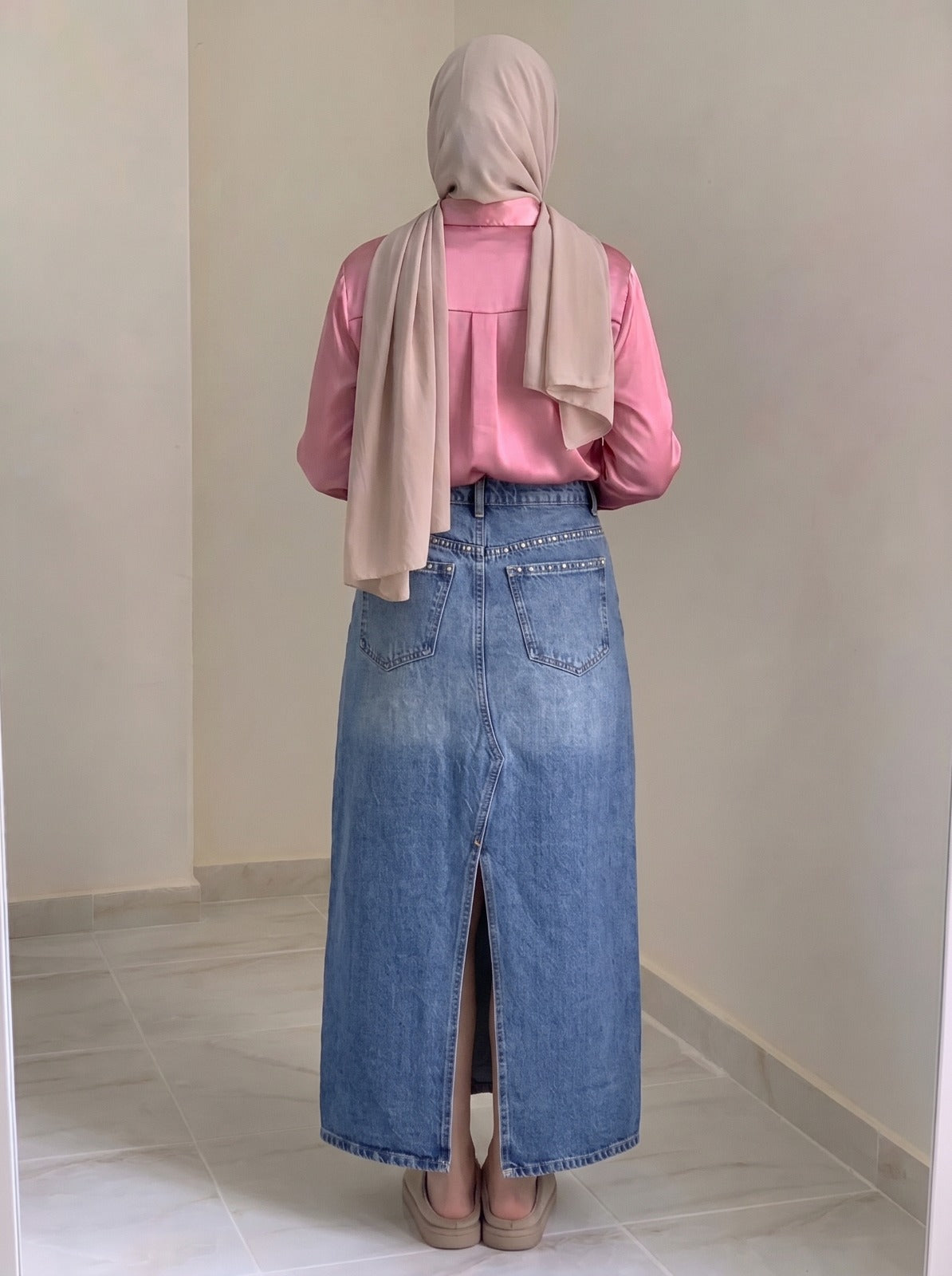 Classic Blue Denim Maxi Skirt with Studded Side Trim & Back Slit
