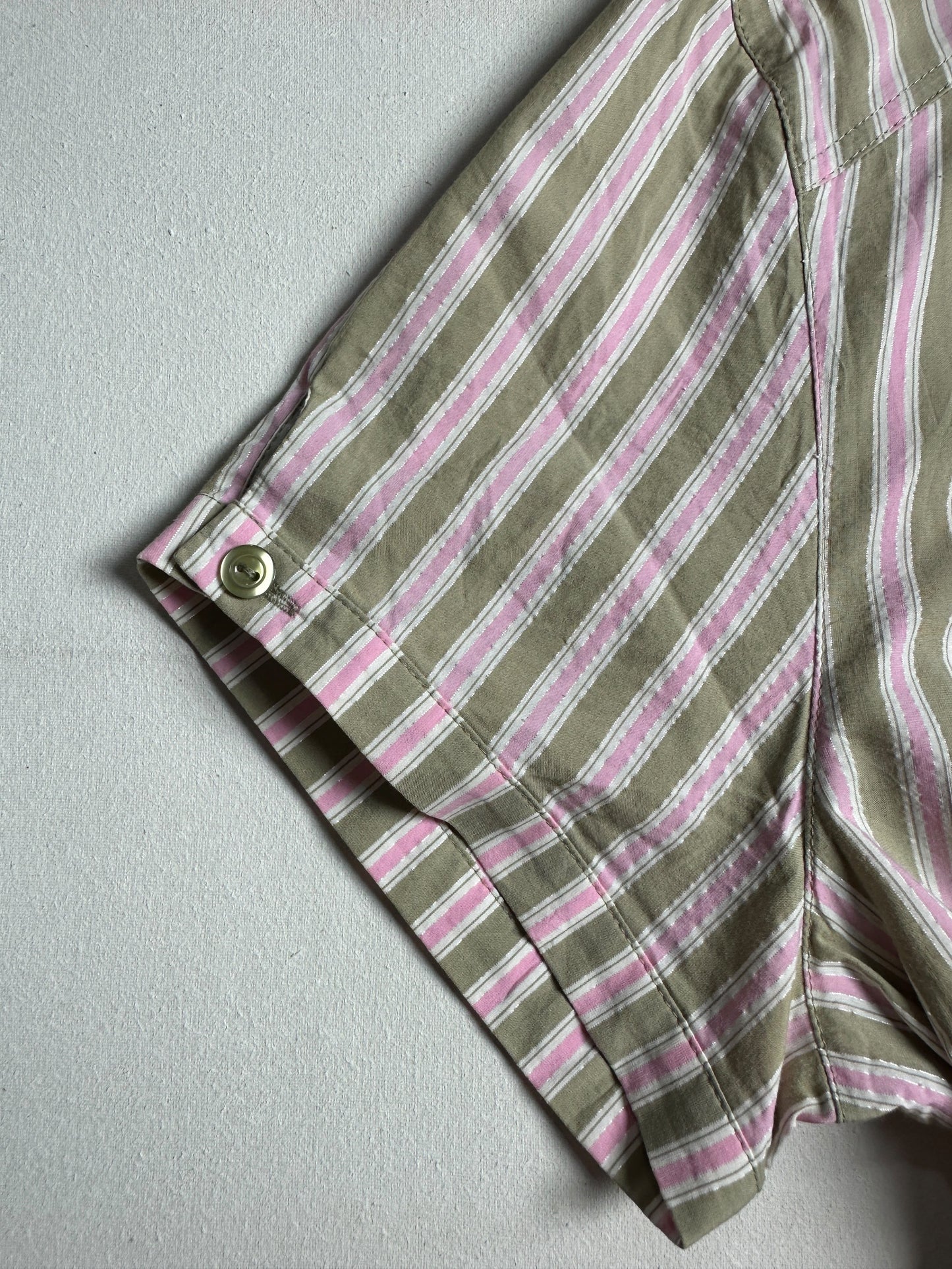 Beige Vertical Stripe Safari-Style Short-Sleeve Blouse