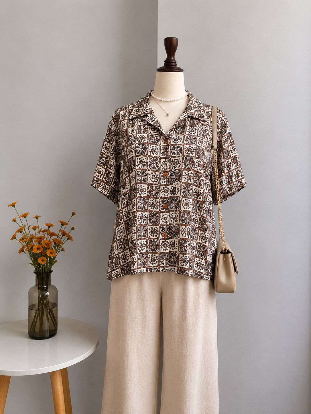 Vintage Geometric Printed Camp Collar Short-Sleeve Top