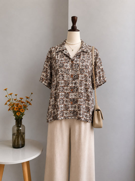 Vintage Geometric Printed Camp Collar Short-Sleeve Top