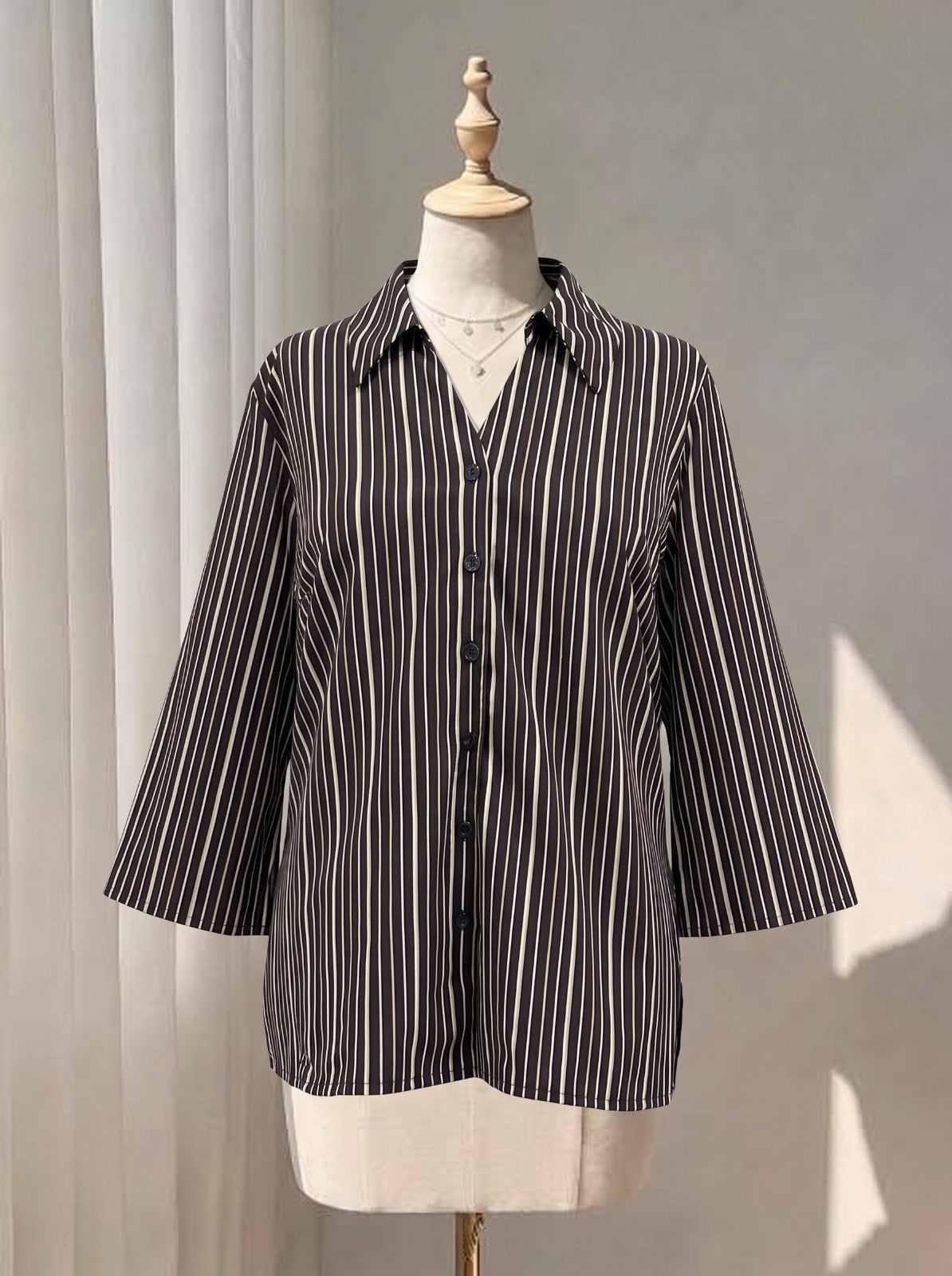 Chic Vertical Pinstripe V-Neck Shirt with 3/4 Bell Sleeves