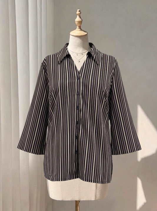 Chic Vertical Pinstripe V-Neck Shirt with 3/4 Bell Sleeves
