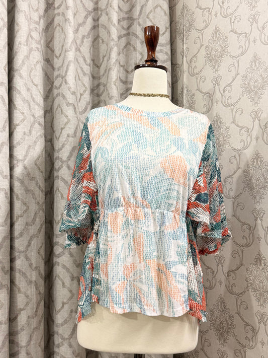 Abstract Printed Mesh Blouse – Cinched Waist Wide 3/4 Sleeve Top