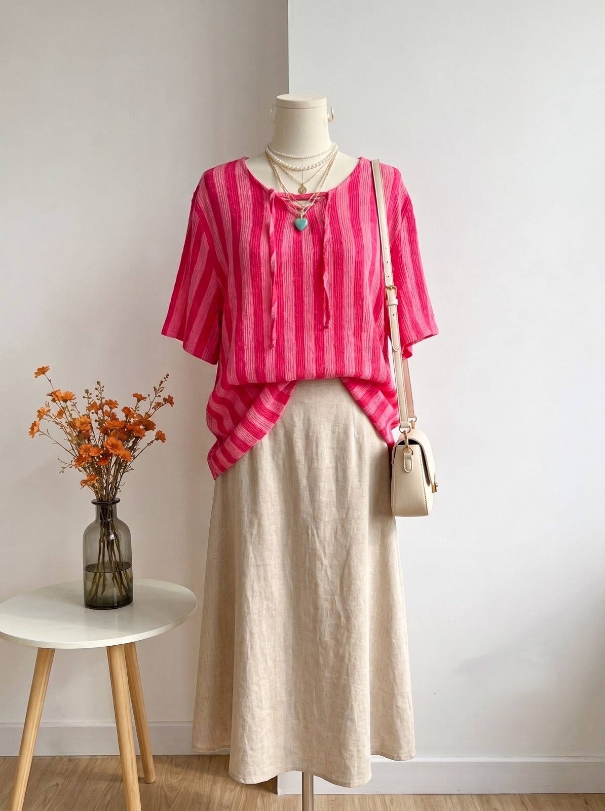 Pink Textured Crinkle Stripe Short-Sleeve Top
