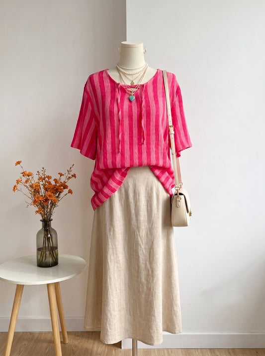 Pink Textured Crinkle Stripe Short-Sleeve Top