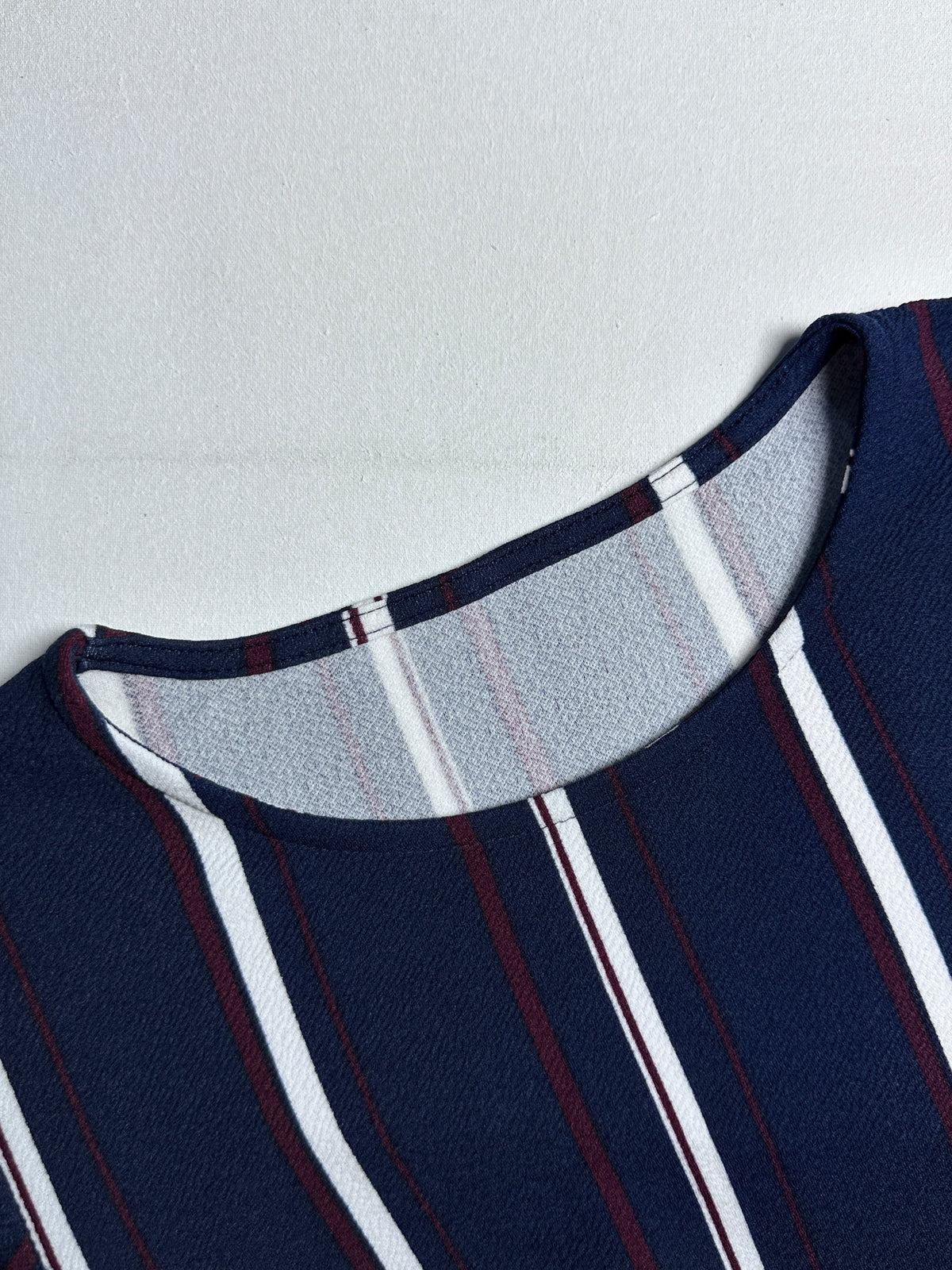 Navy Blue Vertical Striped Blouse – 3/4 Bell Sleeve Crewneck Top