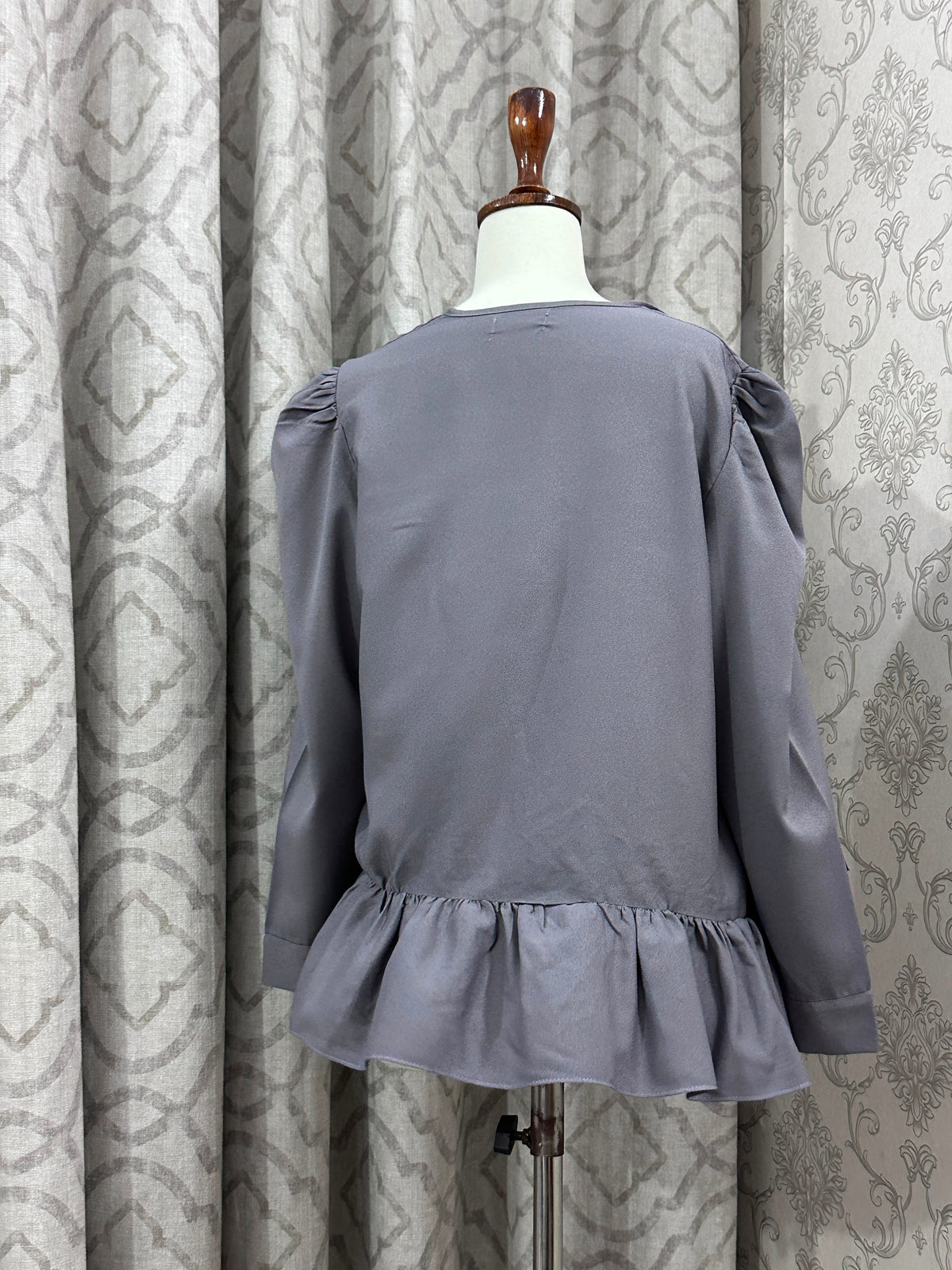 Slate Grey Open-Front Tie Top – Puff Long Sleeve Ruffle Peplum