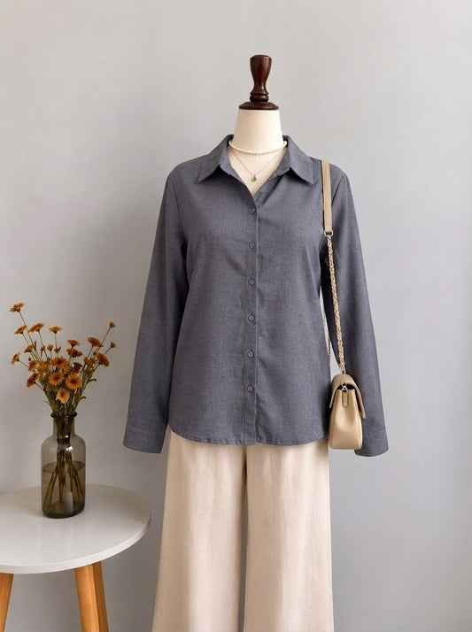 Charcoal Grey Flannel Cotton Long-Sleeve Button-Down Collared Shirt