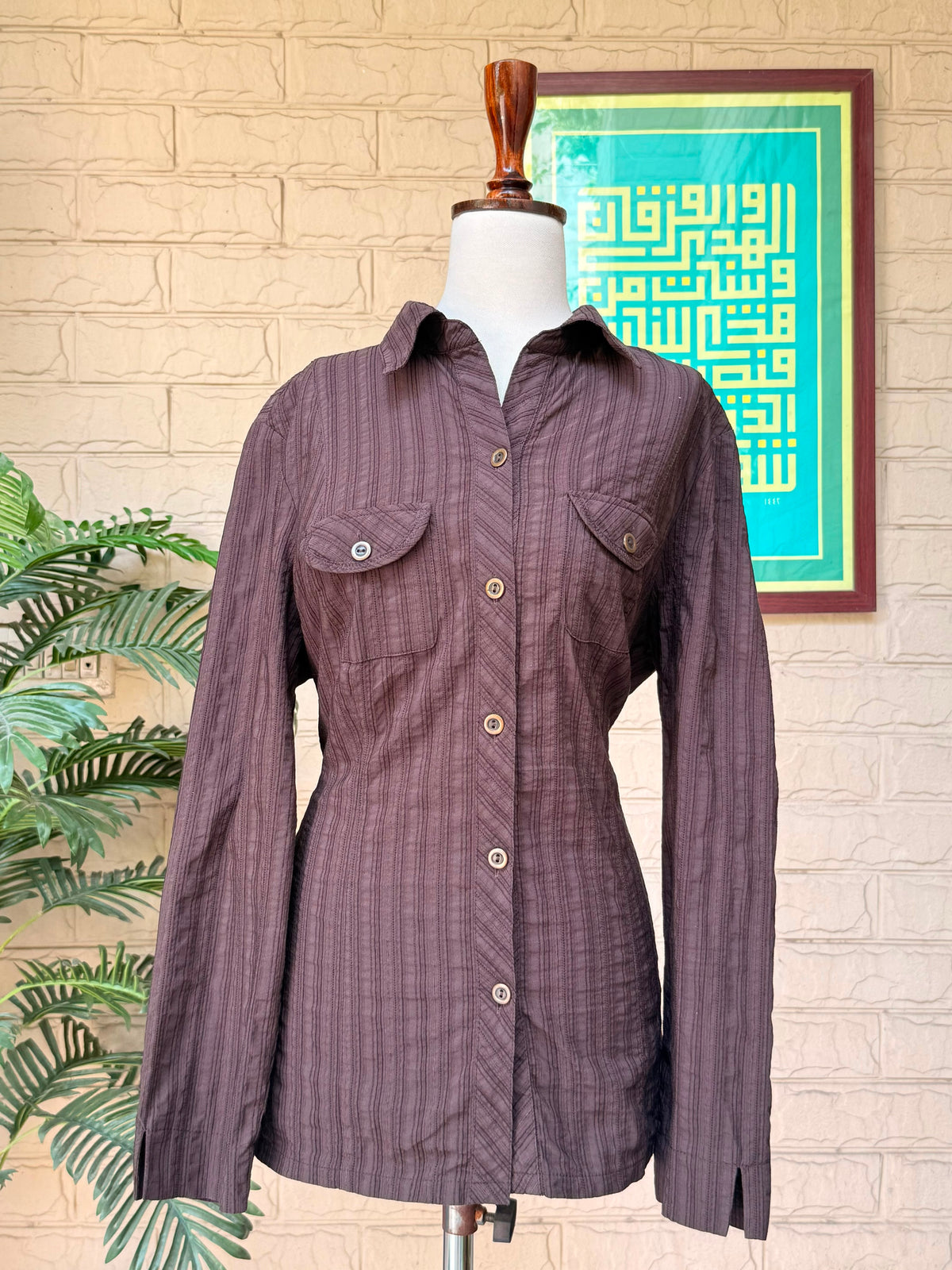 Dark Brown Textured Vertical Striped Long-Sleeve Button-Up Shirt with Flap Pockets