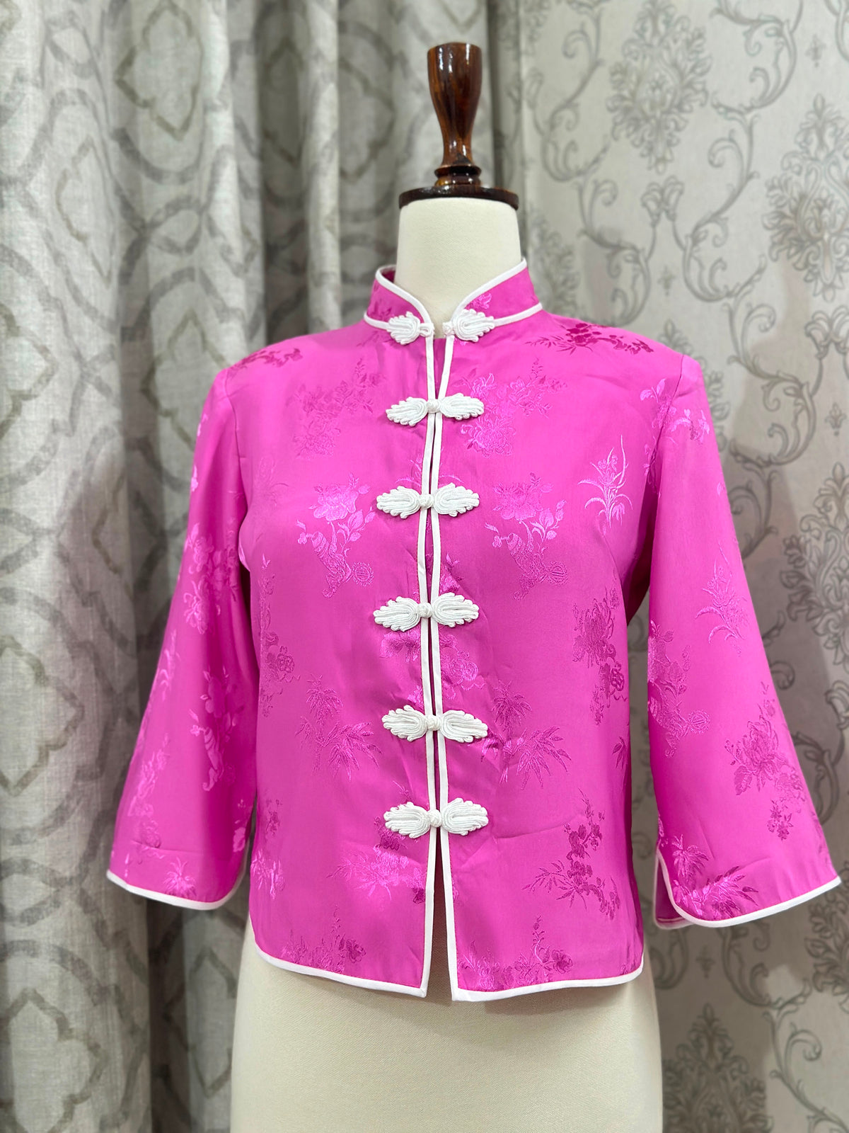 Fuchsia Jacquard Cheongsam Top with White Frog Closures