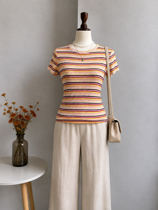 Multicolor Horizontal Striped Ribbed Short-Sleeve Tee