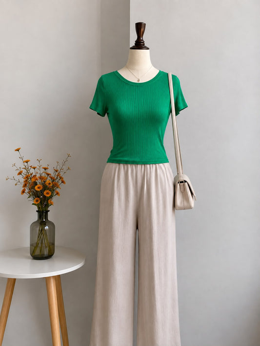 Emerald Green Ribbed Fitted Short-Sleeve Crop Top