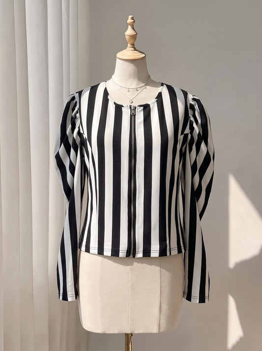 Black and White Striped Zip-Front  Top – Long Puff Sleeve Crewneck Top