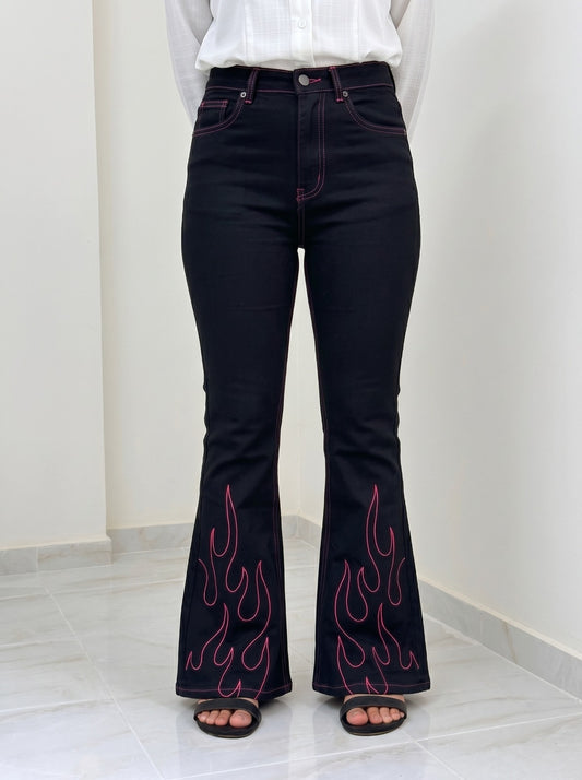 High-Waisted Black Flare Jeans with Red Flame Embroidered Hem & Contrast Stitching