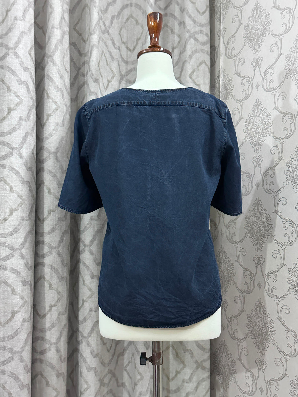 Classic Navy Blue Denim Top – Short Sleeve Notch Neck Shirt