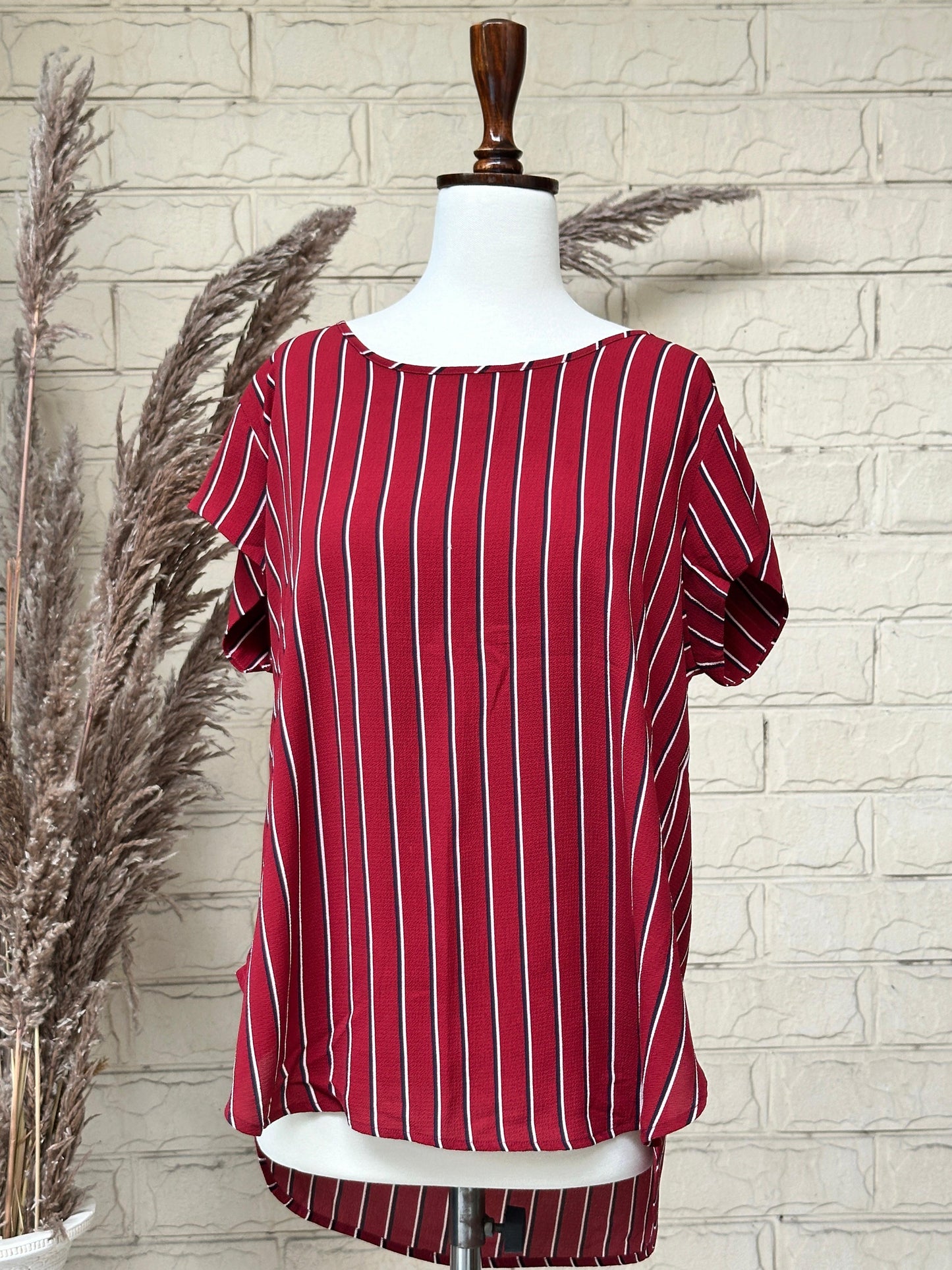 Wine Red Vertical Striped Short-Sleeve Boatneck Top