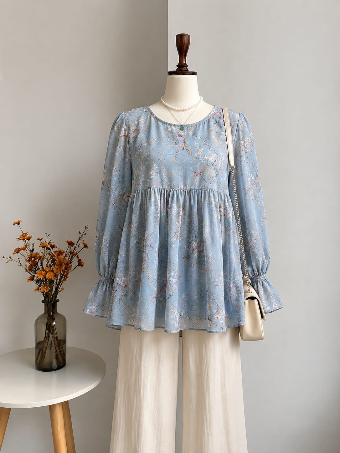 Light Blue Floral Printed Empire-Waist Peplum Dress