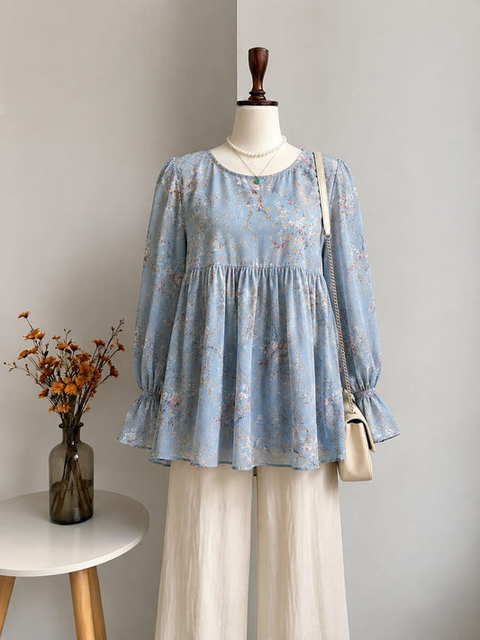 Light Blue Floral Printed Empire-Waist Peplum Dress
