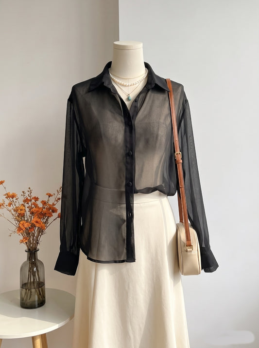 Black Sheer Chiffon Button-Down Shirt