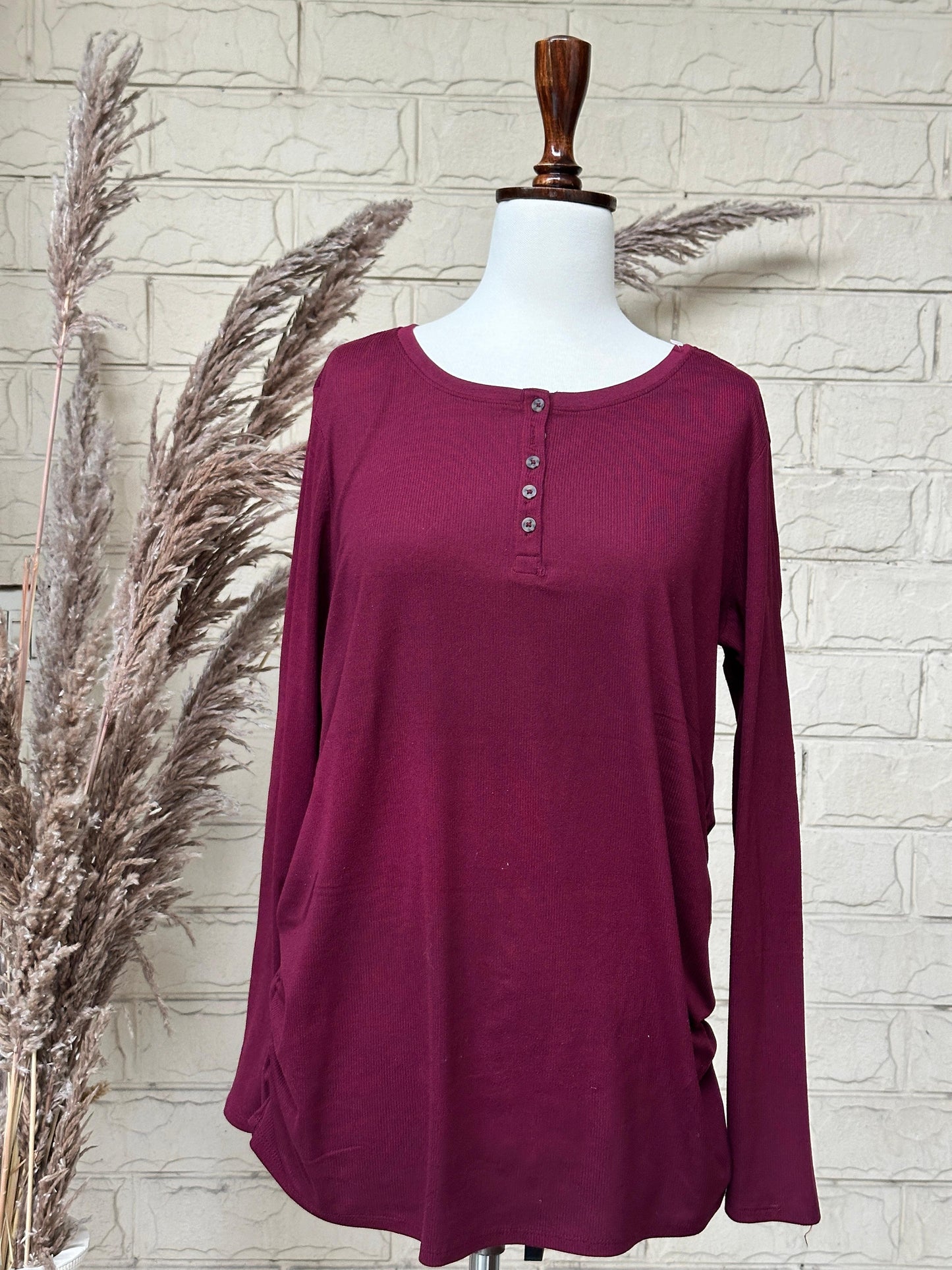 Plum Henley Neck Long-Sleeve Ribbed Top