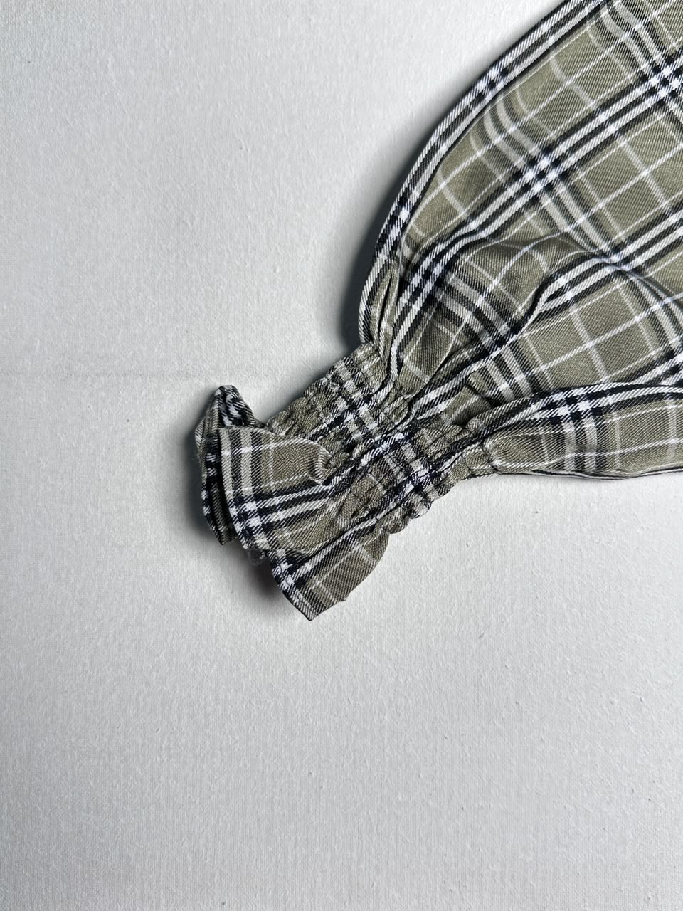 Olive Sage Plaid Long Sleeve Blouse – Smocked Ruffle Cuffs Crewneck Top
