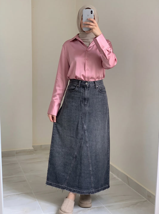 High-Waisted Dark Grey Denim Long Skirt with Raw Hem