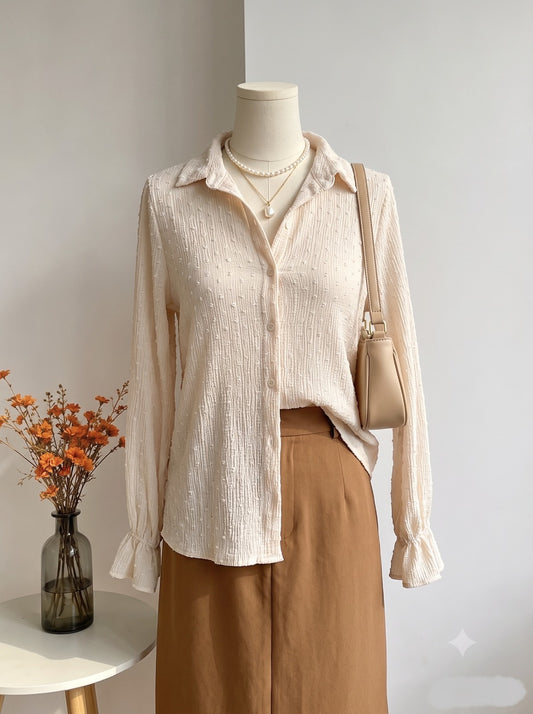 Ivory Crinkle-Gauze Long-Sleeve Shirt with Ruffled Cuffs