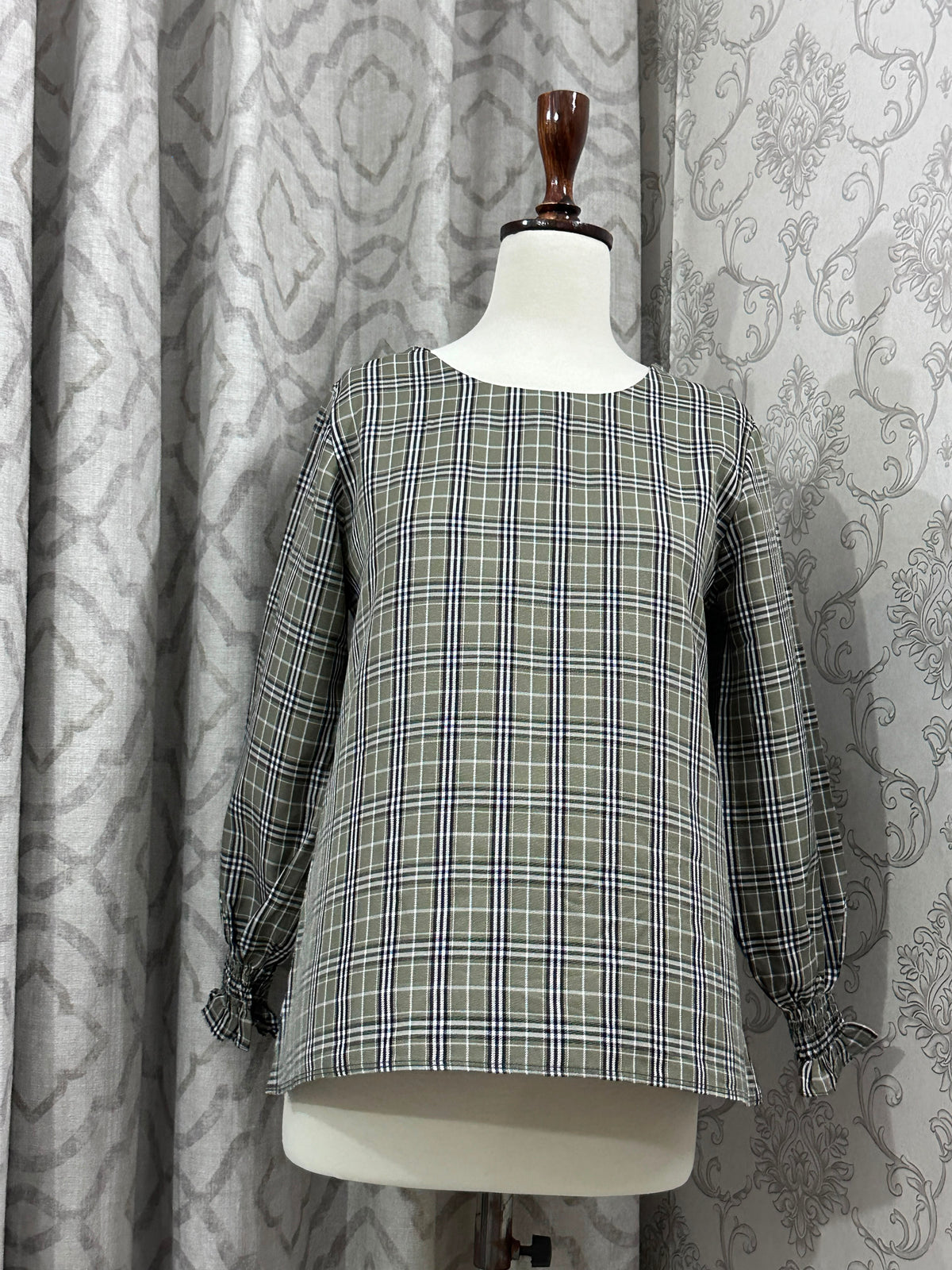 Olive Sage Plaid Long Sleeve Blouse – Smocked Ruffle Cuffs Crewneck Top