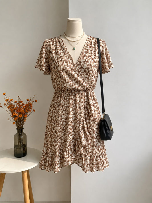 Brown Abstract Print Ruffle Wrap Dress