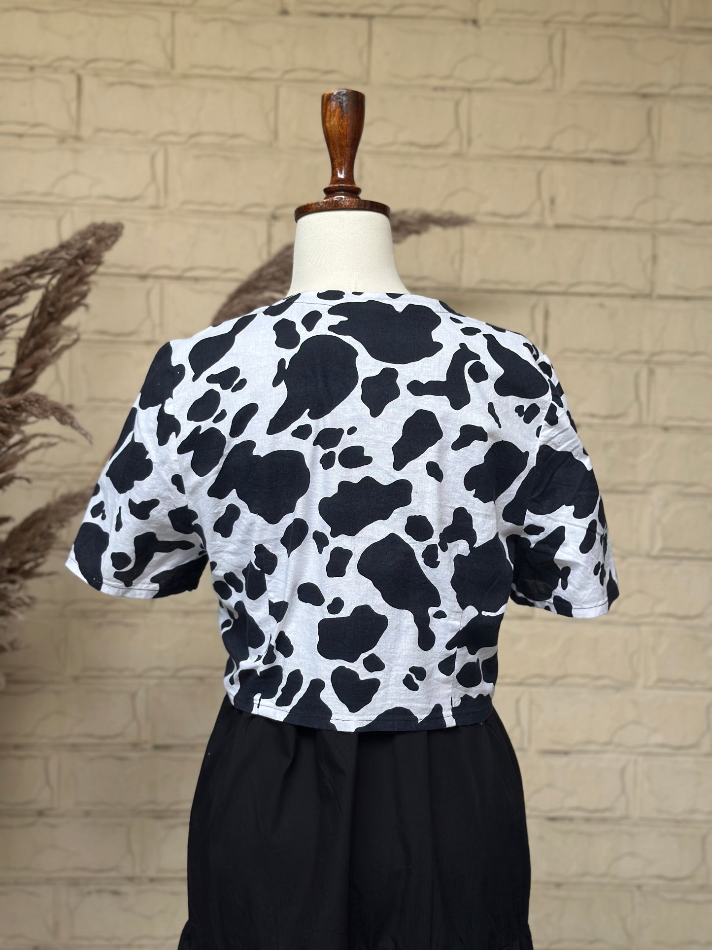 Monochrome Cow Print Front-Knot Top & Black Layered Dress Combo
