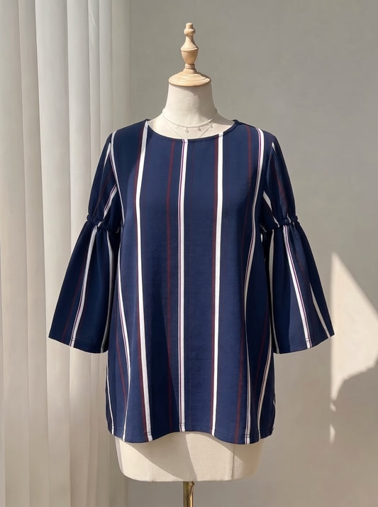 Navy Blue Vertical Striped Blouse – 3/4 Bell Sleeve Crewneck Top