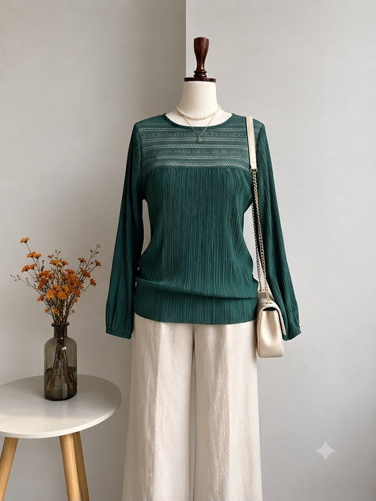 Emerald Green Lace Trim Micro-Pleated Long-Sleeve Blouse