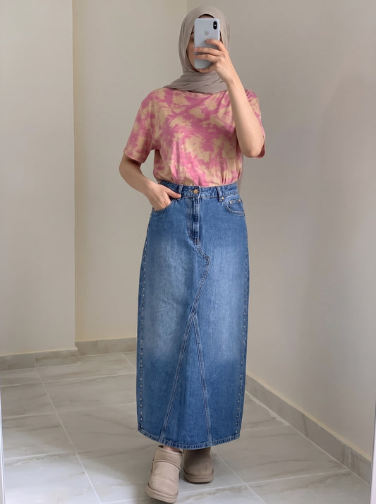 Classic Blue Denim Maxi Skirt with Studded Side Trim & Back Slit