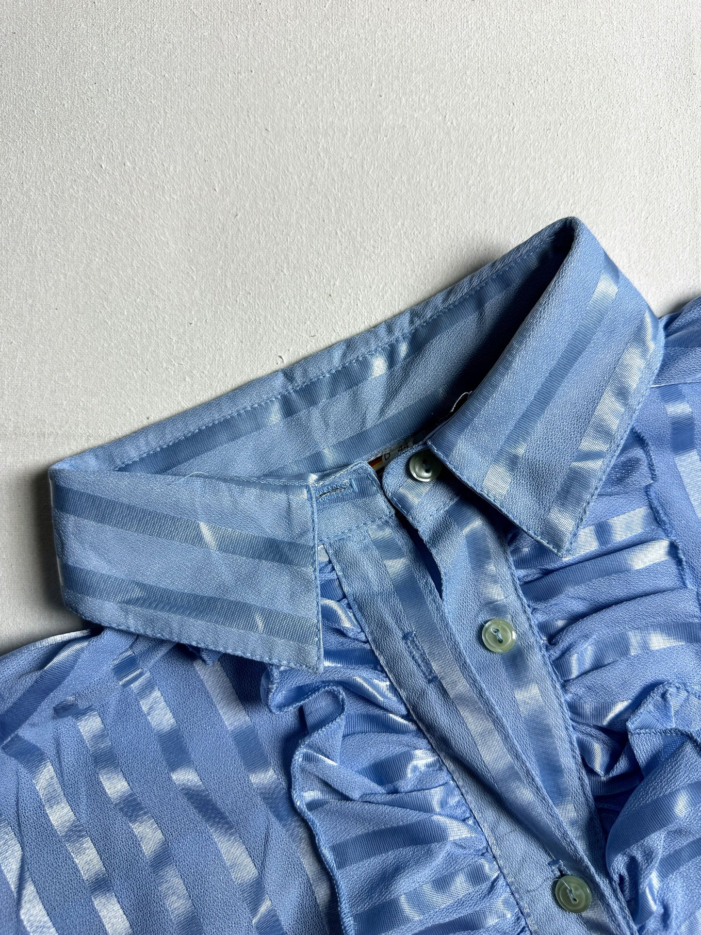Sky Blue Satin Striped Ruffle-Front Button-Down Shirt