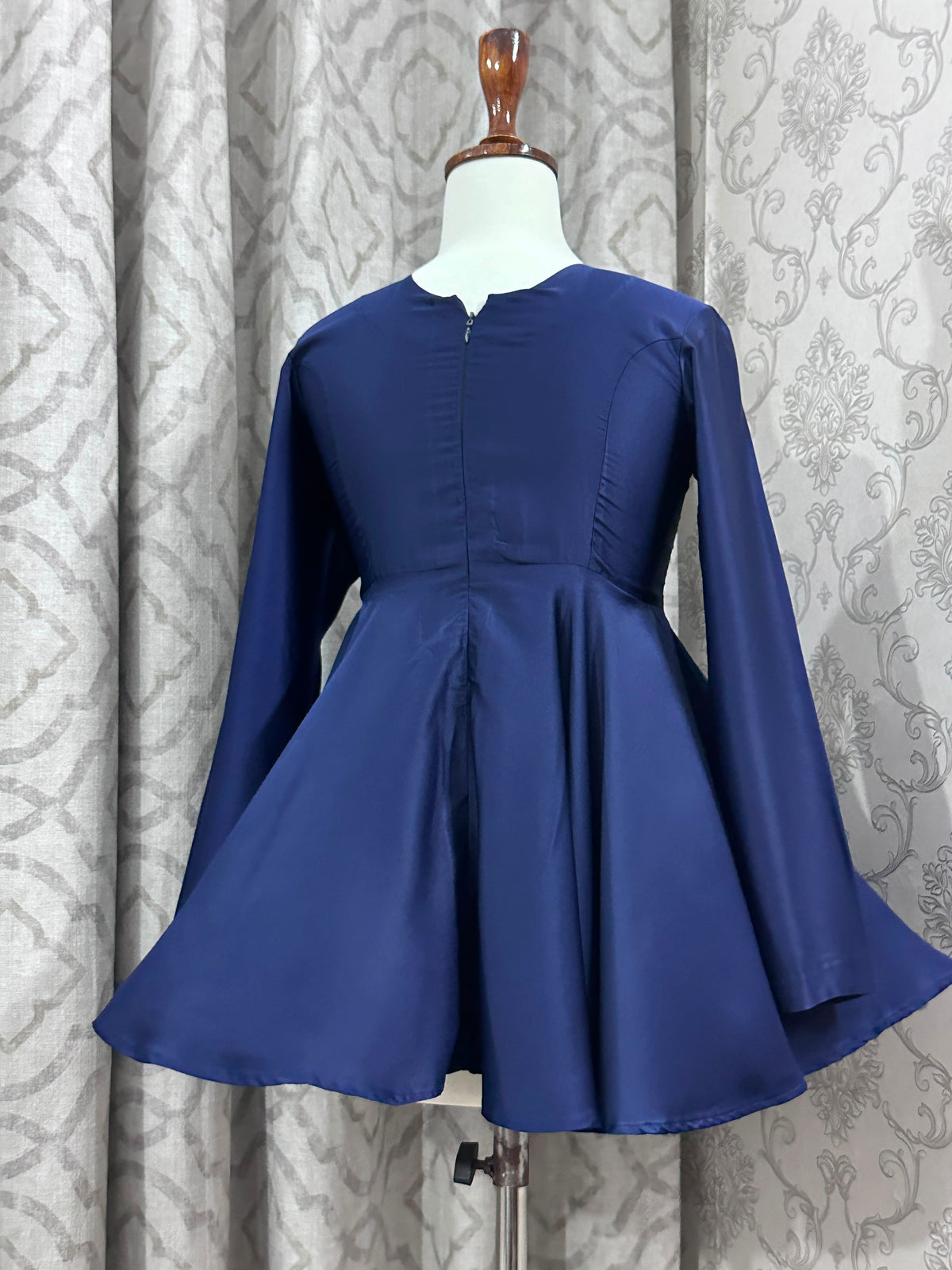 Navy Blue Satin Peplum – Fitted Long Sleeve Crew Neck Top
