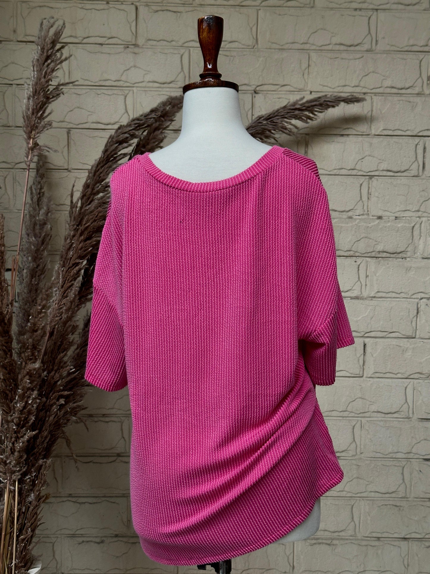 Oversized Pink Ribbed V-Neck Tee with Pocket