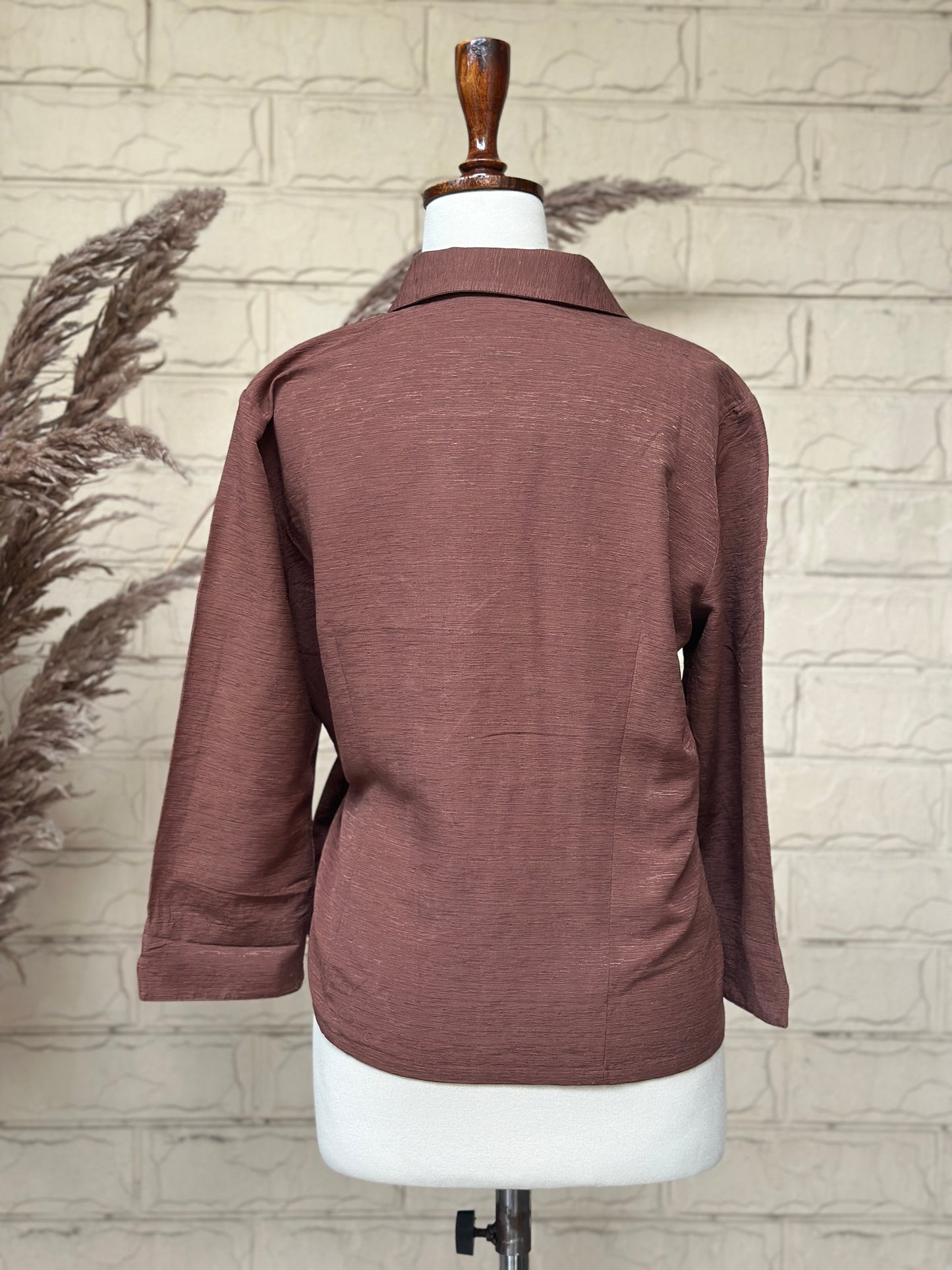 Chocolate Brown Crinkle-Textured Collared Wrap Top