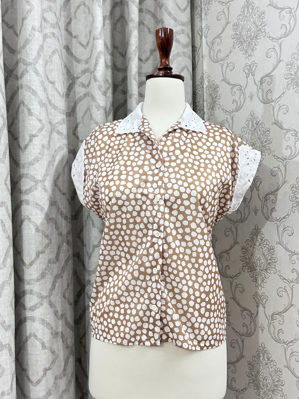 Beige Polka Dot Button-Down Shirt with Broderie Anglaise Trim