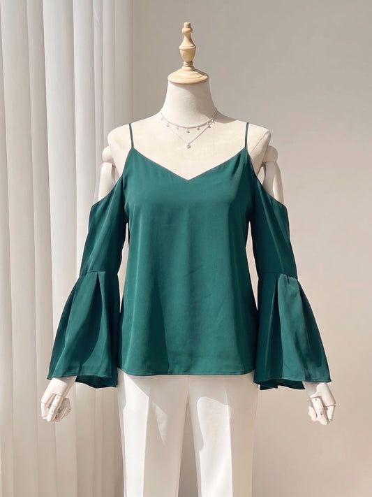 Emerald Green Cold-Shoulder Bell Sleeve Top