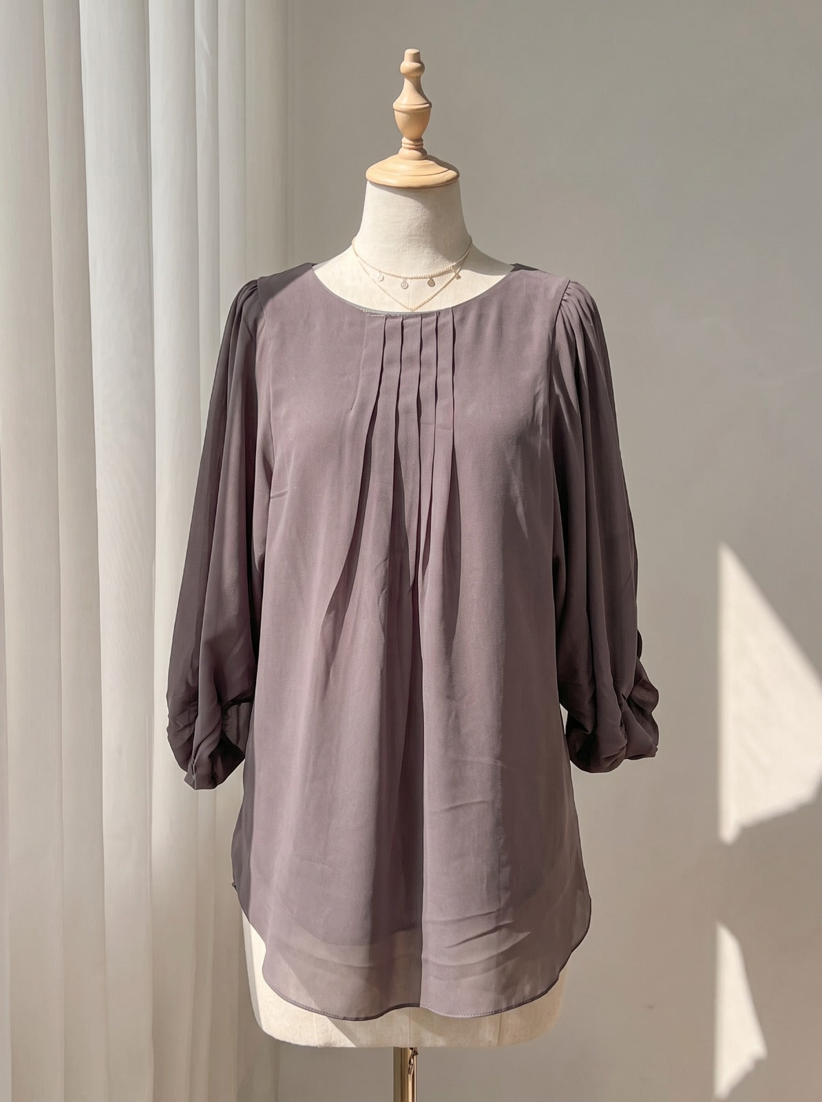 Dusty Grey Pleated Front Blouse – 3/4 Length Balloon Sleeve Chiffon Top