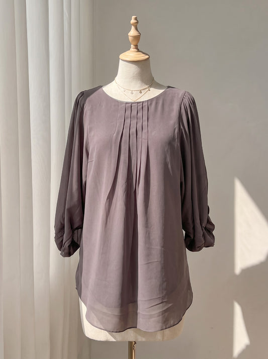 Dusty Grey Pleated Front Blouse – 3/4 Length Balloon Sleeve Chiffon Top