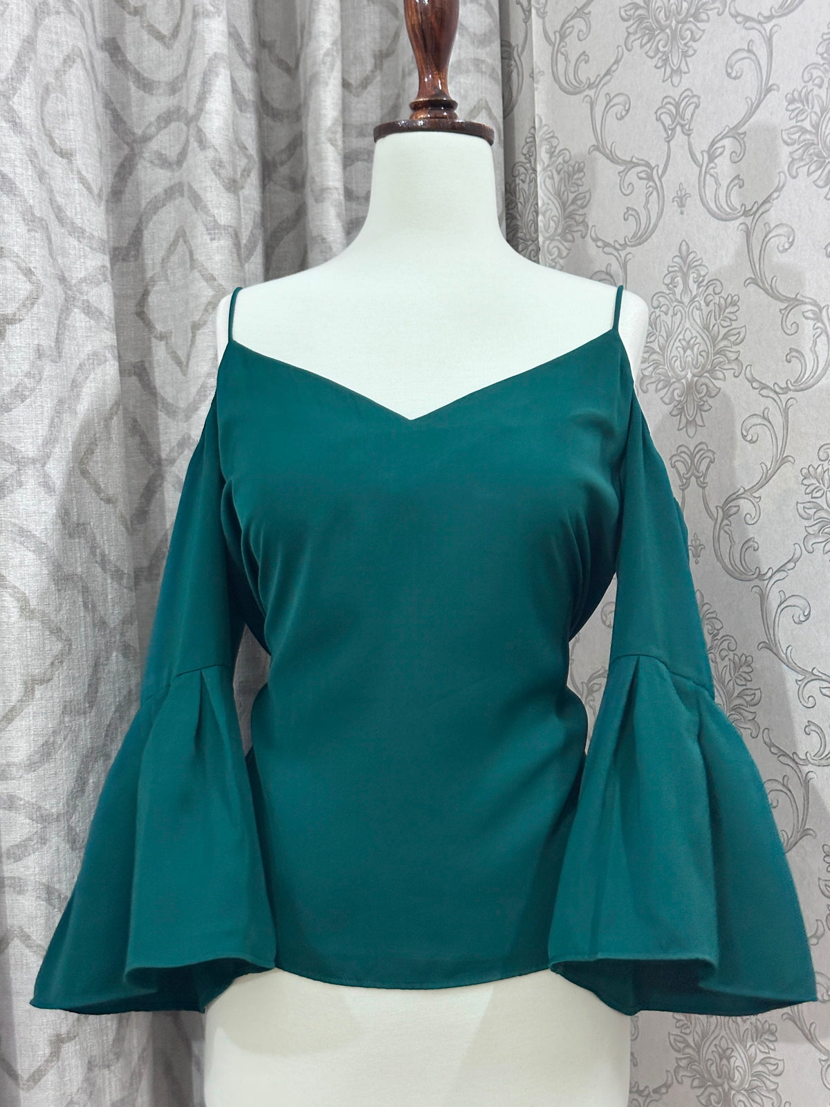 Emerald Green Cold-Shoulder Bell Sleeve Top