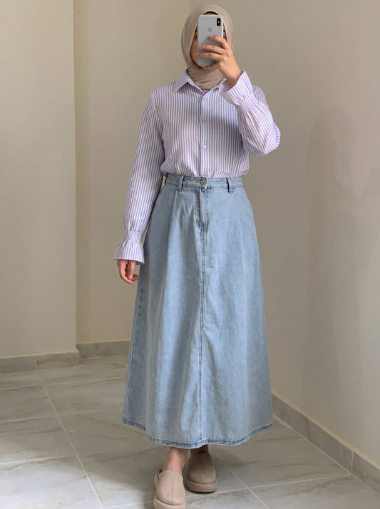 Light Blue A-Line Pleated Denim Maxi Skirt - High Rise