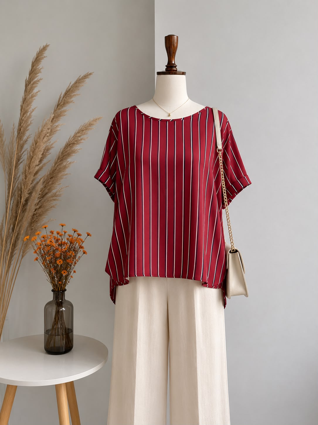 Wine Red Vertical Striped Short-Sleeve Boatneck Top